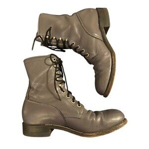 Justin 502 Vintage Gray Leather Lace-Up Combat Boots Stacked Heel Unisex 8 D